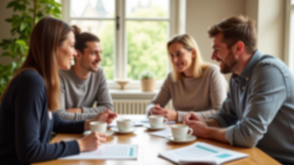 Europäische Familie diskutiert Finanzplanung am Esstisch, verschiedene Generationen, Dokumente und Kaffeetassen, warmes Licht, entspannte Atmosphäre