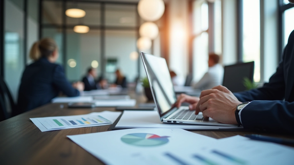 Modernes Finanzbüro mit analytischen Arbeitsplätzen und Geldverwaltungstools