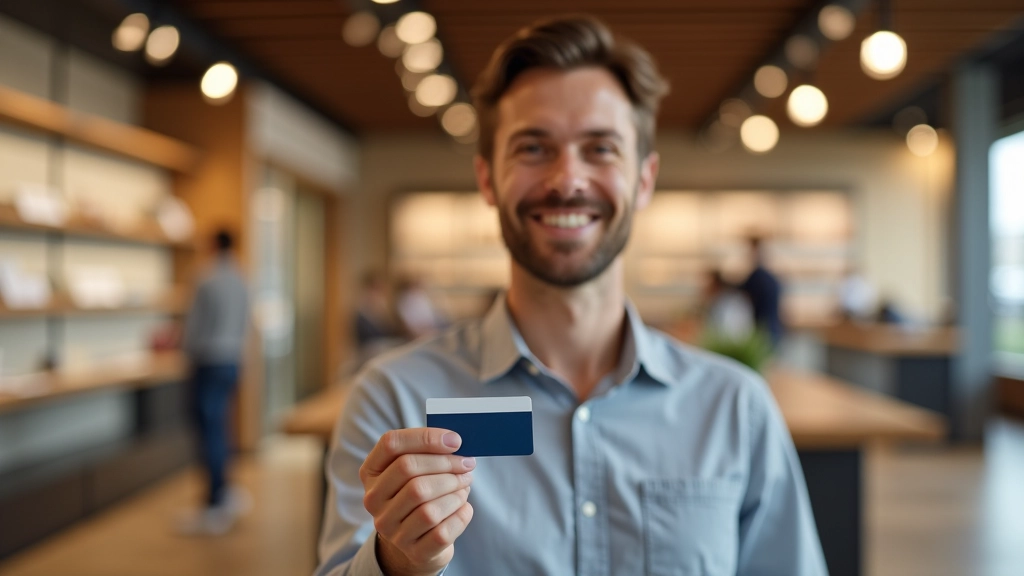 Person hält Debitkarte in der Hand, modernes Geschäft im Hintergrund, obere Körperaufnahme, klares Licht