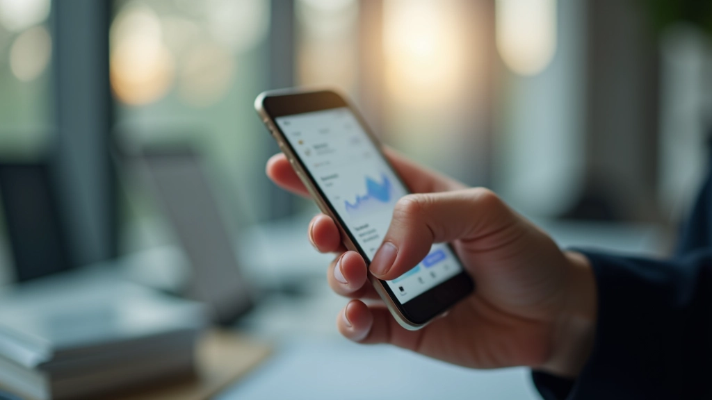 Smartphone mit Finanzmanagement-App in einer Hand, Finanzberater im Hintergrund, modernes Büroumfeld