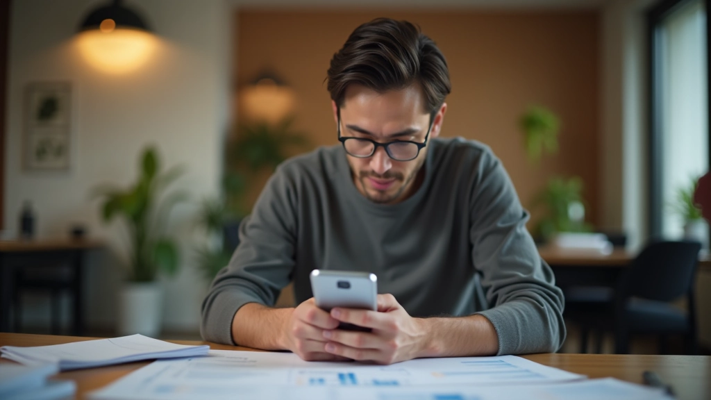 Person schaut besorgt auf Smartphone mit Kontoauszug, Finanzunterlagen auf dem Tisch verteilt