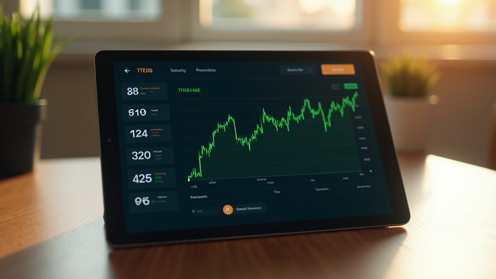 Tablet-Bildschirm zeigt Aktienportfolio-Dashboard mit Kurscharts, grünen Pfeilen und ETF-Positionen