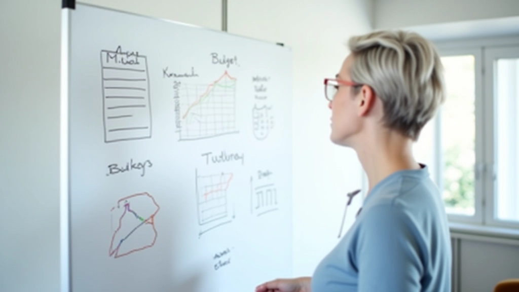Finanzberater zeigt auf Whiteboard mit handgezeichneten Budgetdiagrammen und Notizen