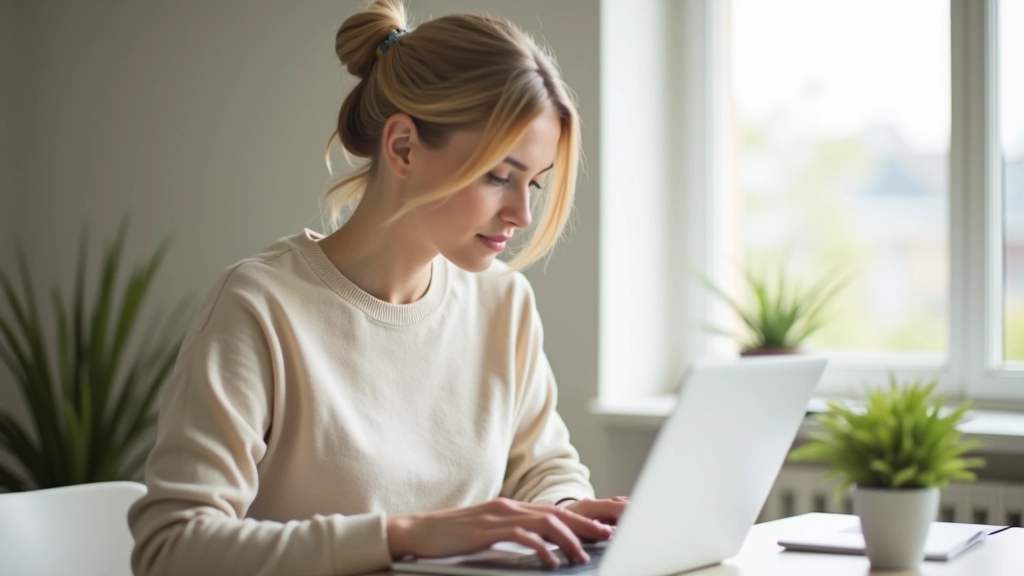 Person mit Laptop und Finanzberichten, modernes Homeoffice mit natürlichem Licht